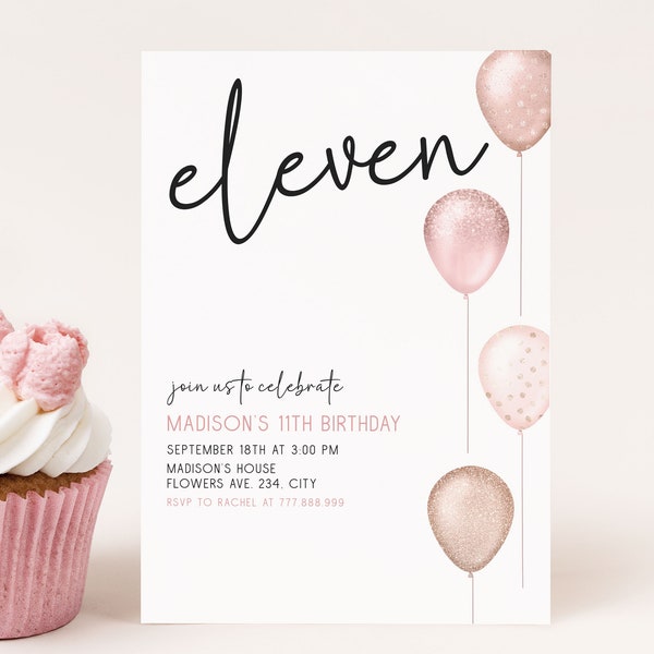 11th Birthday Invitation Girl Editable, Eleven Birthday Invite, 11 Birthday Party Digital Download