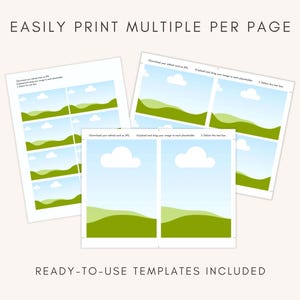 May include: Three sheets of paper with landscape templates. Each template features a blue sky, white clouds, and green hills. The text "EASILY PRINT MULTIPLE PER PAGE" and "READY-TO-USE TEMPLATES INCLUDED" are visible.