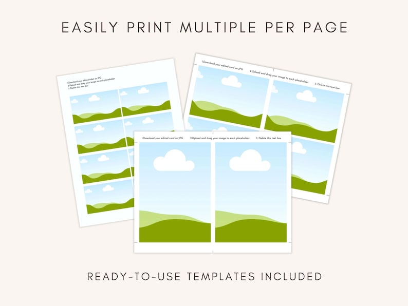 May include: Three sheets of paper with landscape templates. Each template features a blue sky, white clouds, and green hills. The text "EASILY PRINT MULTIPLE PER PAGE" and "READY-TO-USE TEMPLATES INCLUDED" are visible.