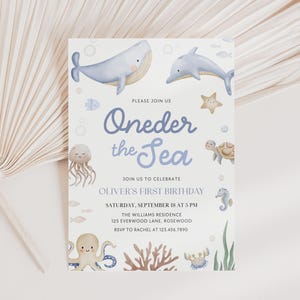 Unter dem Meer 1. Geburtstag Junge Einladung bearbeitbar, Meerestiere, Canva Vorlage