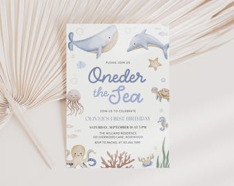 Under The Sea 1st Birthday Boy Invitation Editable, Ocean Animals, Canva Template