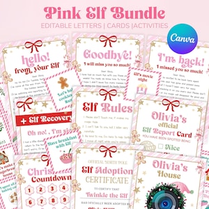 Può includere: Un pacchetto rosa di Elf con lettere, carte e attività modificabili. Il pacchetto include carte con testo come "Ciao dal tuo Elfo", "Addio" e "Regole dell'Elfo". Ci sono anche conti alla rovescia, certificati e pagelle. Il design presenta omini di pan di zenzero e fiocchi.