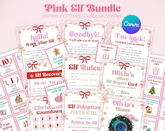 Pink Elf Arrival Bundle Editable, Printable Girl Elf Letters and Activities, Canva Template