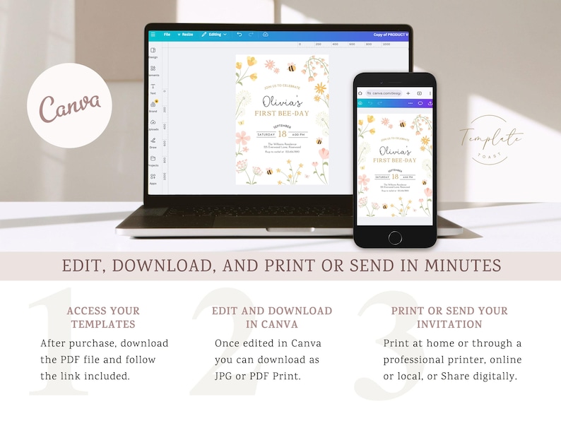 1st Bee Day Invitation Editable, Floral Girl First Birthday Invite, Canva Template image 4