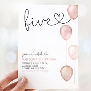 5th Birthday Invitation Girl Template, Five Invite Editable, Pink ...