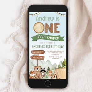 One Happy Camper Text Einladung, Waldtiere Evite Geburtstag, Jungen Geburtstag Telefon Einladen Canva Vorlage