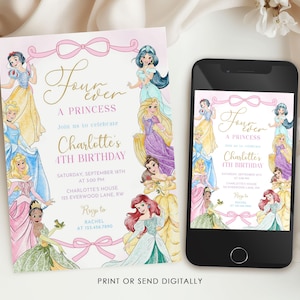 Pode incluir: Um convite de anivers&aacute;rio com tema de princesa em rosa e dourado, com o texto "Four Ever A Princess" e "4&ordm; Anivers&aacute;rio de Charlotte". O convite apresenta ilustra&ccedil;&otilde;es de princesas e um smartphone.