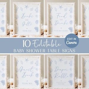 Peut inclure: Un ensemble de dix panneaux de table éditables pour fête prénatale avec du texte bleu clair et des illustrations de coquillages, d'étoiles de mer et de coraux. Chaque panneau est présenté dans un cadre blanc texturé, incluant des textes comme Cards and Gifts, Books and Gifts, Food and Drinks, Babies are Sweet, Favors, Guest Book, Diaper Raffle et Mimosa Bar.