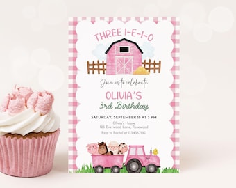 Girl 3rd Birthday Invitation Pink Farm Animals Editable, Barnyard Birthday Invite, Canva Template