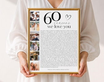 Póster "60 razones por las que te queremos", collage de fotos, regalo de 60 cumpleaños para él o ella, plantilla de Canva.