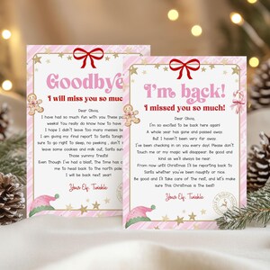 May include: Two pink Christmas cards with text. One says "Goodbye, I will miss you so much!" and the other says "I'm back! I missed you so much!" Each card has a red bow, gingerbread men, and elf hats, with a festive design.