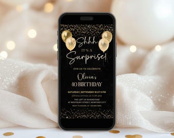 Surprise Birthday Party Digital Invite, Shhh Its a Surprise Evite, Canva Template