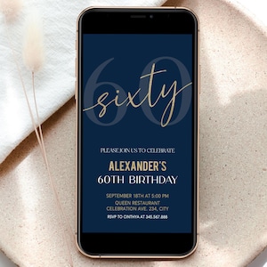 60th Birthday Electronic Invitation Template for Men Navy and Gold Editable Corjl Template