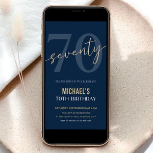 70th Birthday Digital Invitation for Men, Navy and Gold Editable Text Invite, Canva Template