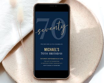 70th Birthday Digital Invitation for Men, Navy and Gold Editable Text Invite, Canva Template
