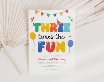Editable Colorful 3rd Birthday Invitation, Three Times The Fun Invite, Canva Template