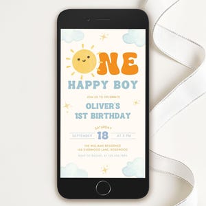 One Happy Boy Birthday Evite Editable Sun 1st Birthday Text Invitation Sunshine First Birthday Canva Template