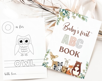 ABC Coloring Book Baby Shower Woodland Theme, Editable Cover and Dedication, Matching Activity Sign Included | WLN