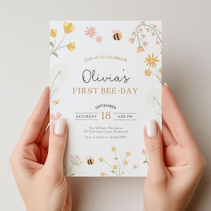 1st Bee Day Invitation Editable, Floral Girl First Birthday Invite, Canva Template image 2