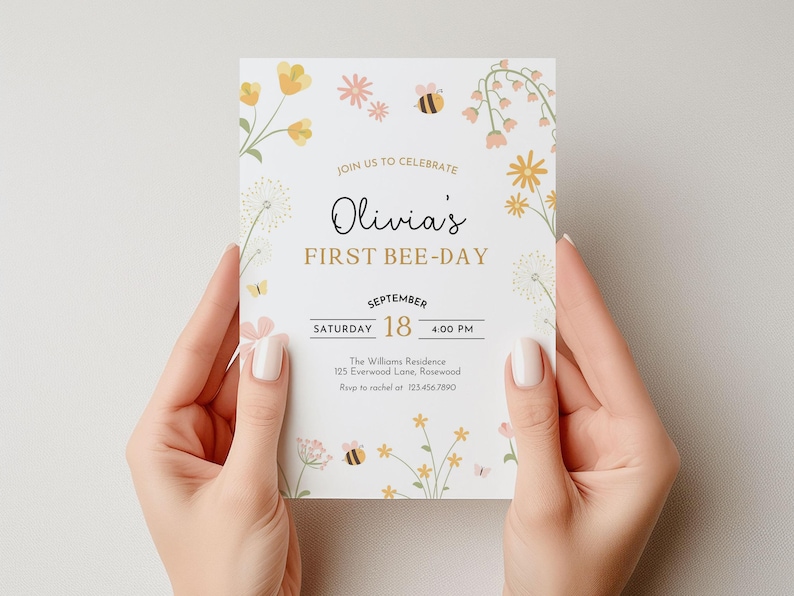 1st Bee Day Invitation Editable, Floral Girl First Birthday Invite, Canva Template image 2
