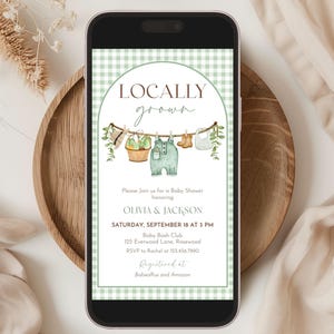 Invito elettronico per baby shower "Locally Farmed", modificabile, per mercato agricolo maschile, invito elettronico per baby shower "Home Farmed Coed", modello Canva