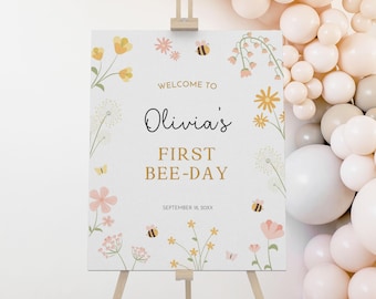 Bee First Birthday Welcome Sign, Honey Bee Party Decor (Editable Canva Template)