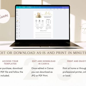 May include: A laptop screen shows a baby shower game template with a Winnie the Pooh theme. The form includes fill-in-the-blank sections. The text on the screen reads "Baby Prediction Game". Instructions for editing and printing are also visible.