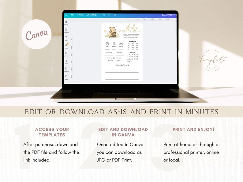 May include: A laptop screen shows a baby shower game template with a Winnie the Pooh theme. The form includes fill-in-the-blank sections. The text on the screen reads "Baby Prediction Game". Instructions for editing and printing are also visible.