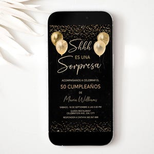 Spanish Surprise Digital Invitation Template, Gold Balloons Editable Birthday Evite, Women Text Invitation Template