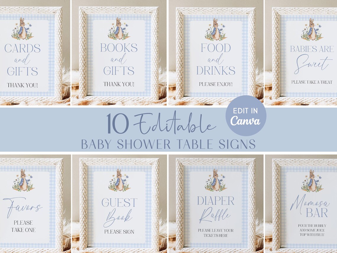 Peter Rabbit Restroom Sign Peter Rabbit Baby Shower Signage, Blue Gingham Table Signs, Canva ...