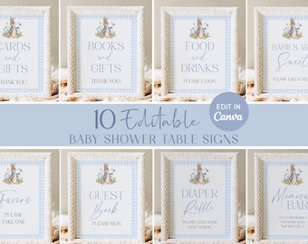 Peter Rabbit Baby Shower Signage, Blue Gingham Table Signs, Canva Templates