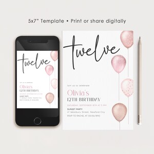 Pink Balloons 12th Birthday Invitation, Editable Canva Template (Digital) image 2
