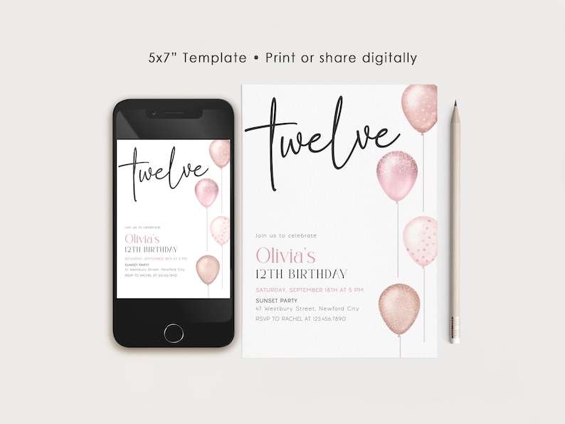 Pink Balloons 12th Birthday Invitation, Editable Canva Template (Digital) image 2