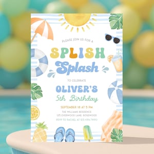 Invito di compleanno "Splish Splash", invito per festa in piscina per bambini, modello Canva per compleanno a tema nuoto, digitale o stampabile