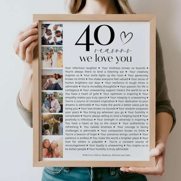 40 redenen waarom we van je houden poster met fotosjabloon, afdrukbaar 40e verjaardagscadeau voor hem of haar bewerkbare, gepersonaliseerde 40e verjaardag decor