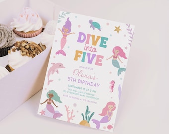 Mermaid 5th Birthday Invitation Editable, Pastel Dive into Five Invite, Canva Template