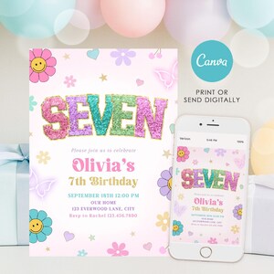 Preppy Patch Letter 7th Birthday Girl Invitation, Editable Glitter Invite, Canva Template image 2