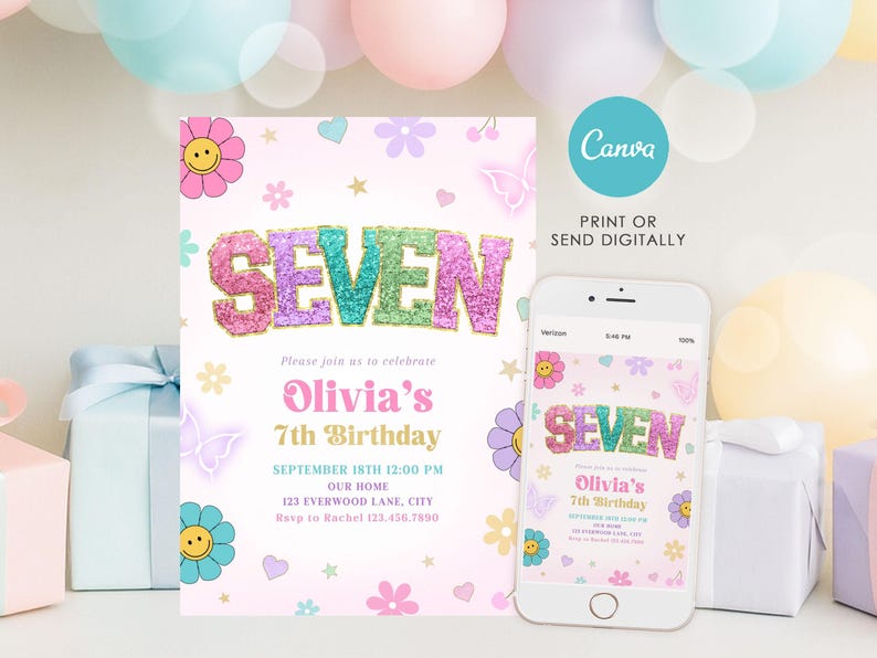 Preppy Patch Letter 7th Birthday Girl Invitation, Editable Glitter Invite, Canva Template image 2