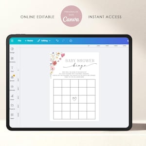 May include: A digital tablet displays a baby shower bingo card template. The card features a grid with a heart in the center, floral accents, and the text "BABY SHOWER bingo." Additional text reads "ONLINE EDITABLE" and "INSTANT ACCESS."