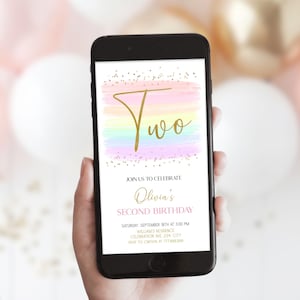 Pastel Rainbow 2nd Birthday E Invite, Girl Second Birthday Party Evite Template, Digital Text Birthday Invite