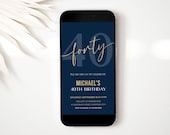 40th Birthday Digital Phone Invitation for Men Editable, Navy and Gold Canva Template