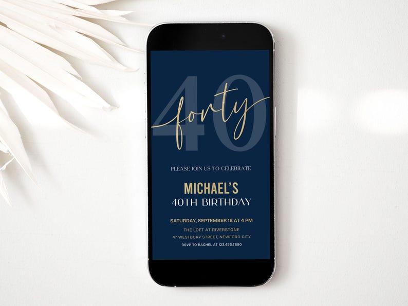 40th Birthday Digital Phone Invitation for Men Editable, Navy and Gold Canva Template