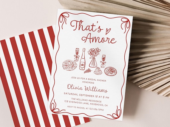That's Amore Bridal Shower Invitation, Pasta Dinner Hand Drawn Invite Editable, Italy Theme Invitation Canva Template