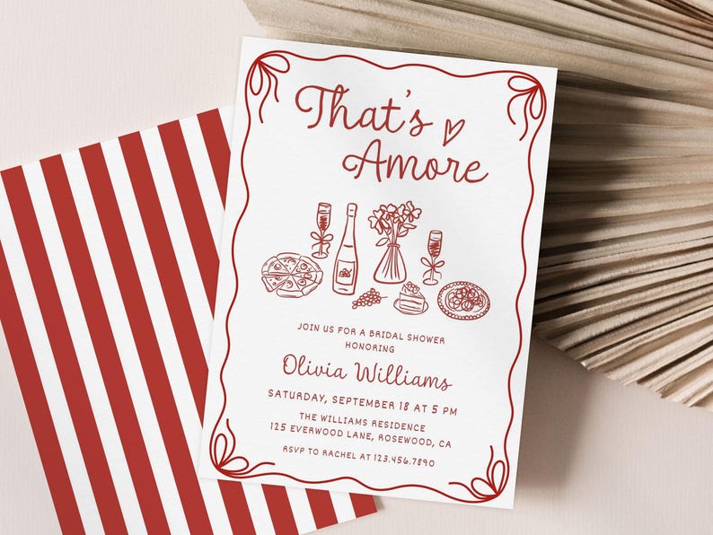 That's Amore Bridal Shower Invitation, Pasta Dinner Hand Drawn Invite Editable, Italy Theme Invitation Canva Template