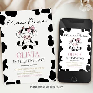 Faire-part 2e anniversaire de vache pour fille, modèle de toile modifiable Moo Moo image 4