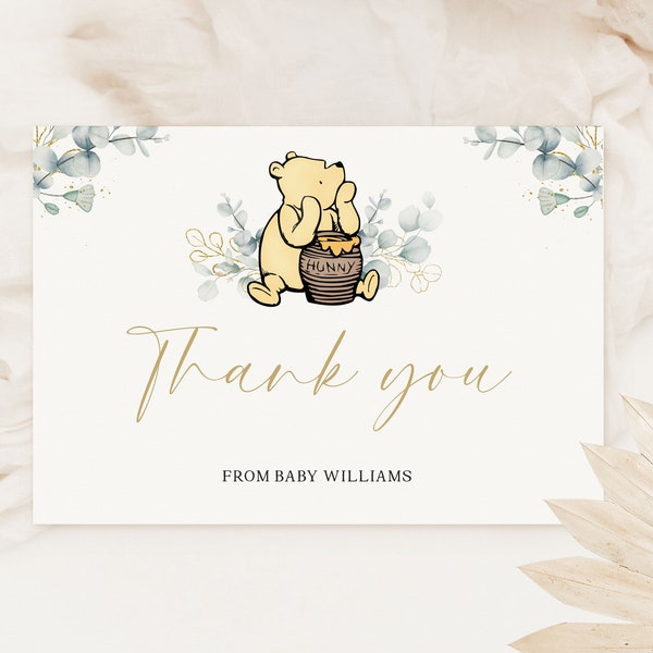 Pooh Baby Shower Thank You Card Template Classic Winnie Folded Card Printable Greenery Editable Thank You Notes | WTP