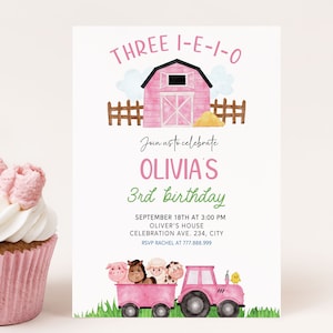 Girl 3rd Birthday Invitation Pink Farm Editable, Barnyard Birthday Invite Template, Three i-e-i-o Farm Animals Printable