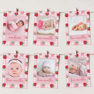 Bannière photo premier anniversaire baies modifiable, bannière photo mensuelle 1er anniversaire fraise, modèle de toile de carte jalon Bay Girl