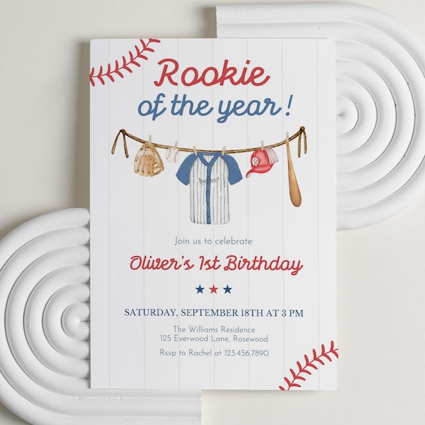 Rookie of the Year-Geburtstags-Einladung bearbeitbarer Baseball-1. Geburtstag einladen Junge Sport-erste Geburtstags-Party-Canva-Vorlage