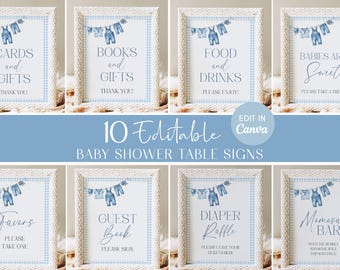 Blue Jean Baby Shower Sign Bundle, Boy Denim Table Signs, Canva Templates